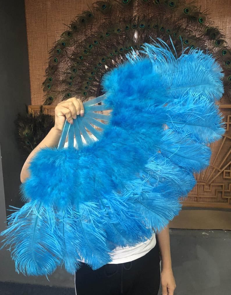 Blue Marabou Ostrich Feather fan 21"x 38" with Travel leather Bag.