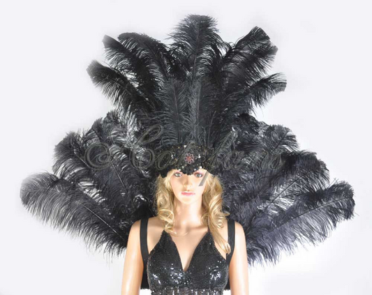 Black Ostrich Feather Open Face Headdress & backpiece Set.