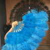 Blue Marabou Ostrich Feather fan 21"x 38" with Travel leather Bag.