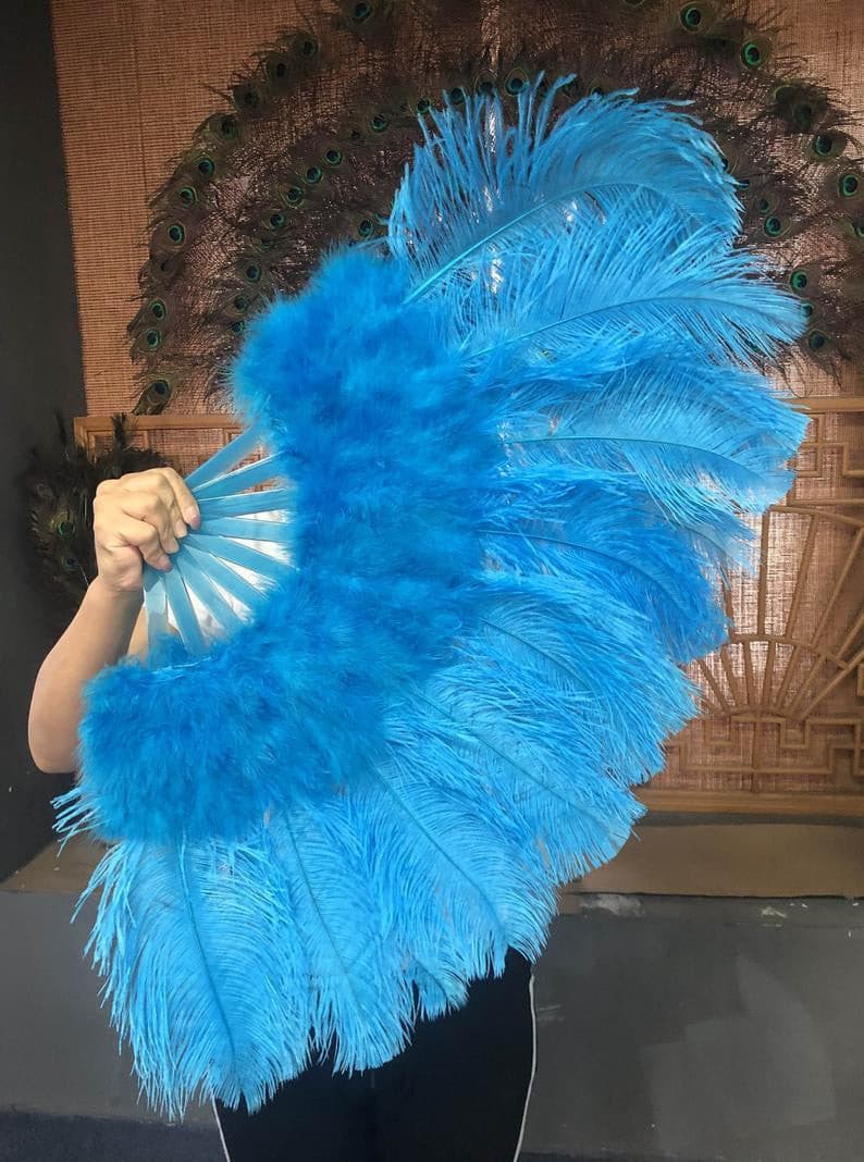 Blue Marabou Ostrich Feather fan 21"x 38" with Travel leather Bag.