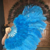Abanico de plumas de avestruz de marabú azul de 21&quot;x 38&quot; con bolsa de viaje de cuero.