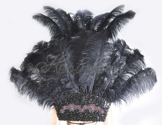 Black Ostrich Feather Open Face Headdress & backpiece Set.
