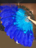 Load image into Gallery viewer, Mix blue & royal blue XL 2 Layer Ostrich Feather Fan 34''x 60'' with Travel leather Bag.
