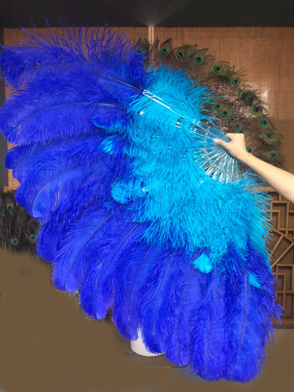 Mix blue & royal blue XL 2 Layer Ostrich Feather Fan 34''x 60'' with Travel leather Bag.