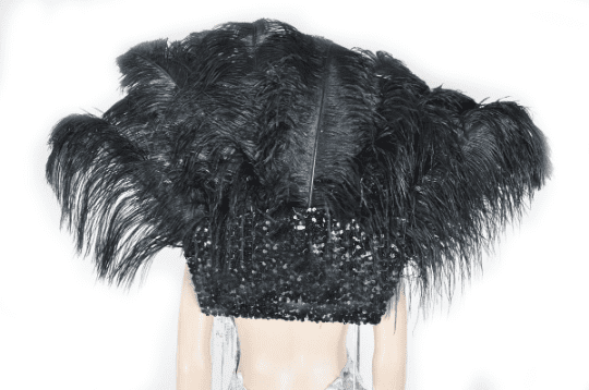 Espaldera negra abierta estilo majestuoso de plumas de avestruz.