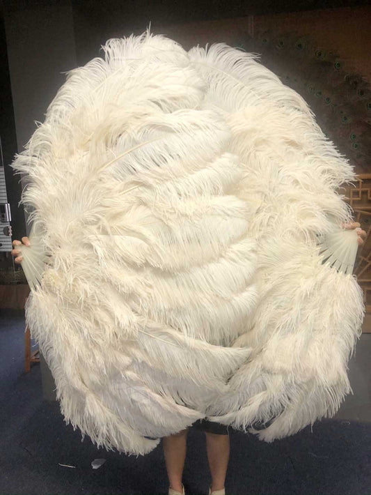 XL 2 Layers beige Ostrich Feather Fan 34''x 60'' with Travel leather Bag.