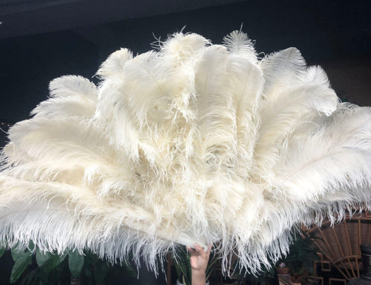 Abanico de pluma de avestruz beige burlesque de 4 capas abierto 67 '' con bolsa de viaje de cuero.