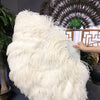 Abanico de plumas de avestruz beige de 3 capas abierto 65 "con bolsa de viaje de cuero.
