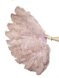 Load image into Gallery viewer, XL 2 Layers beige wood Ostrich Feather Fan 34''x 60'' with Travel leather Bag.
