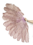 Load image into Gallery viewer, XL 2 Layers beige wood Ostrich Feather Fan 34''x 60'' with Travel leather Bag.
