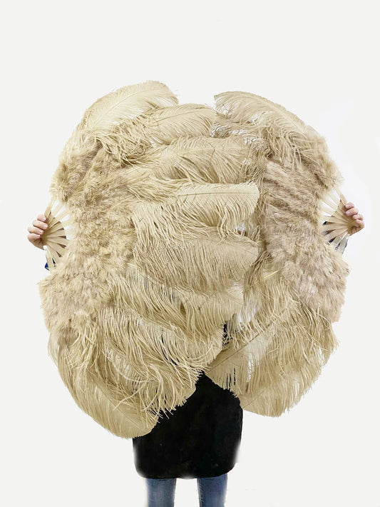 Beige camel Marabou Ostrich Feather fan 24"x 43" with Travel leather Bag.