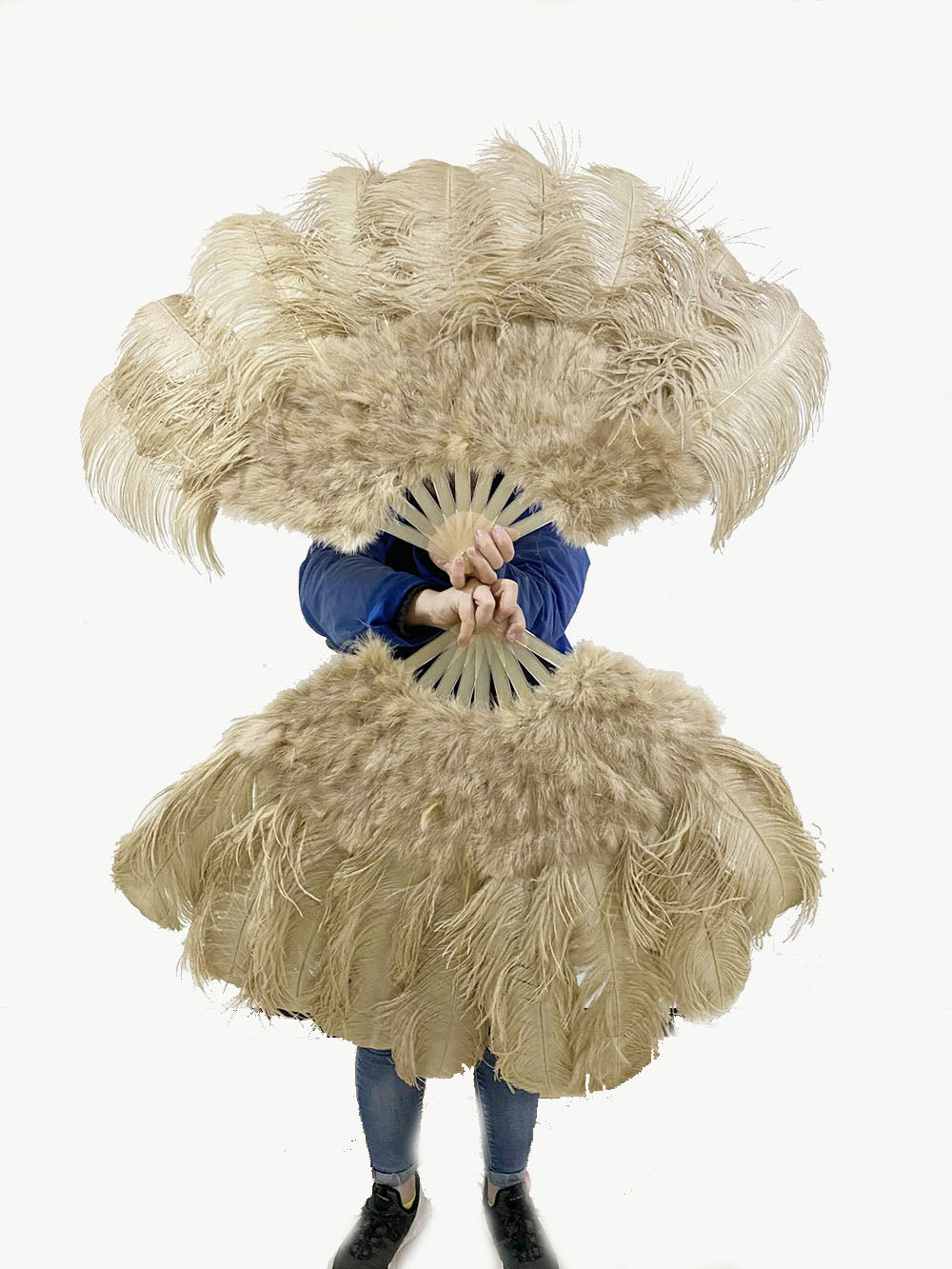 Beige camel Marabou Ostrich Feather fan 24"x 43" with Travel leather Bag.