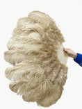 Load image into Gallery viewer, Beige camel Marabou Ostrich Feather fan 24"x 43" with Travel leather Bag.
