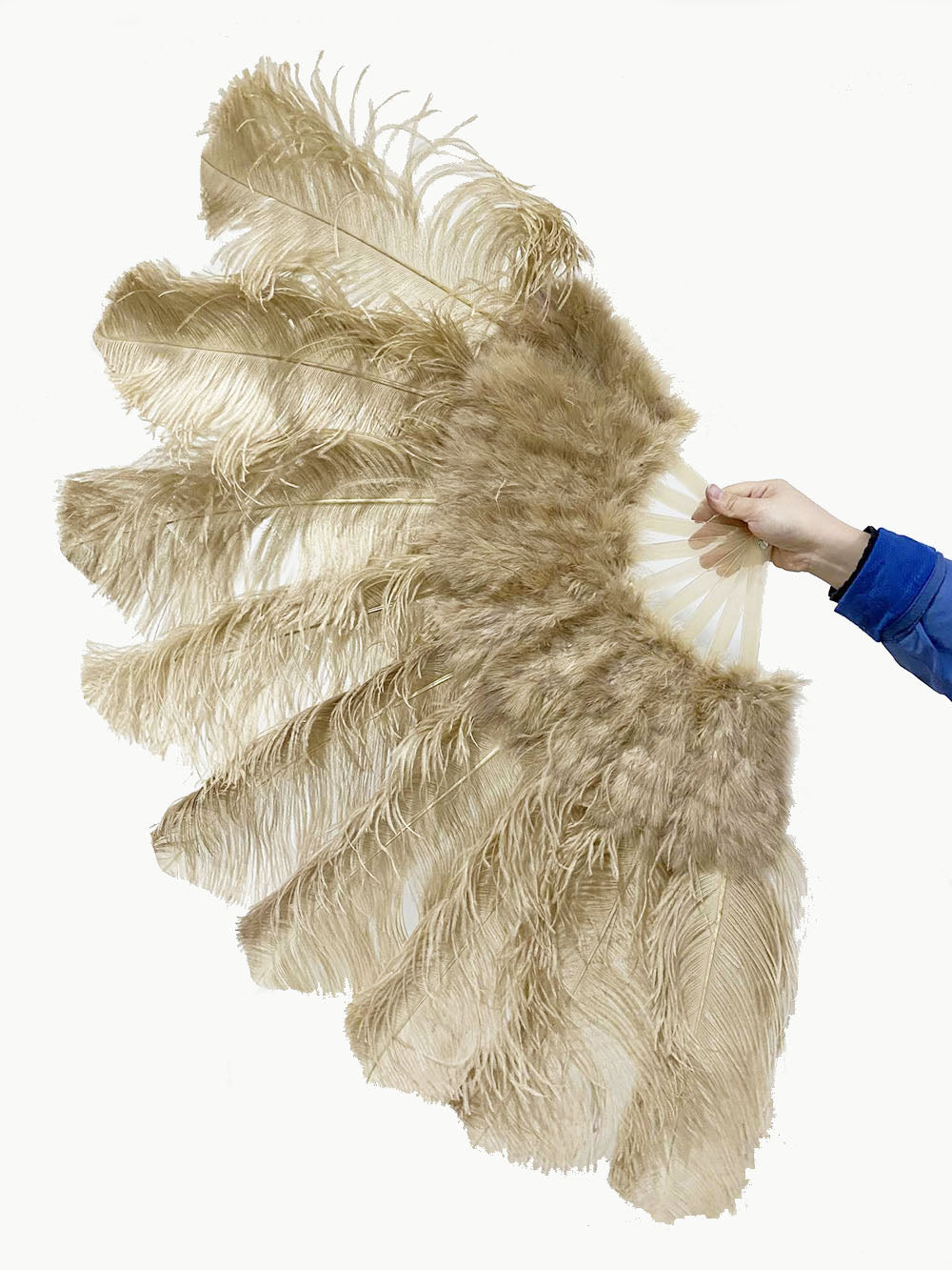 Beige camel Marabou Ostrich Feather fan 24"x 43" with Travel leather Bag.