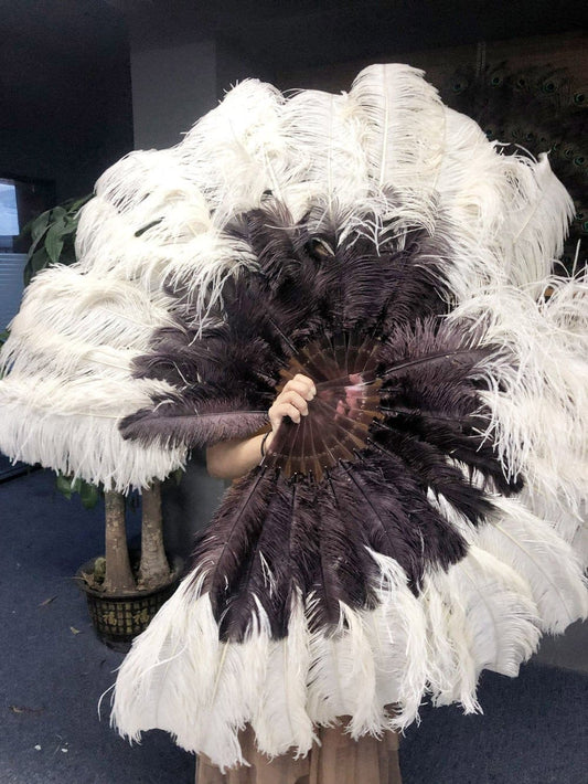 Mix beige & coffee 2 Layers Ostrich Feather Fan 30''x 54'' with Travel leather Bag.