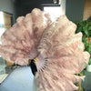 2 layers beige wood Ostrich Feather Fan 30"x 54" with leather travel Bag.