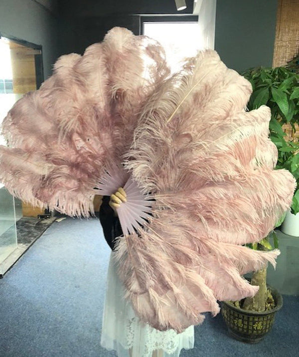 2 layers beige wood Ostrich Feather Fan 30"x 54" with leather travel Bag.