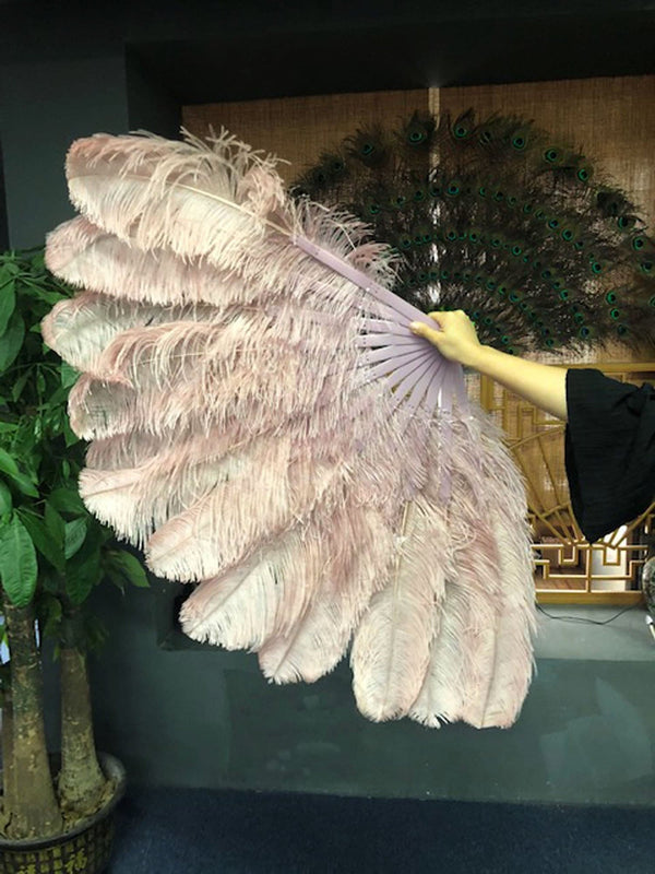 2 layers beige wood Ostrich Feather Fan 30