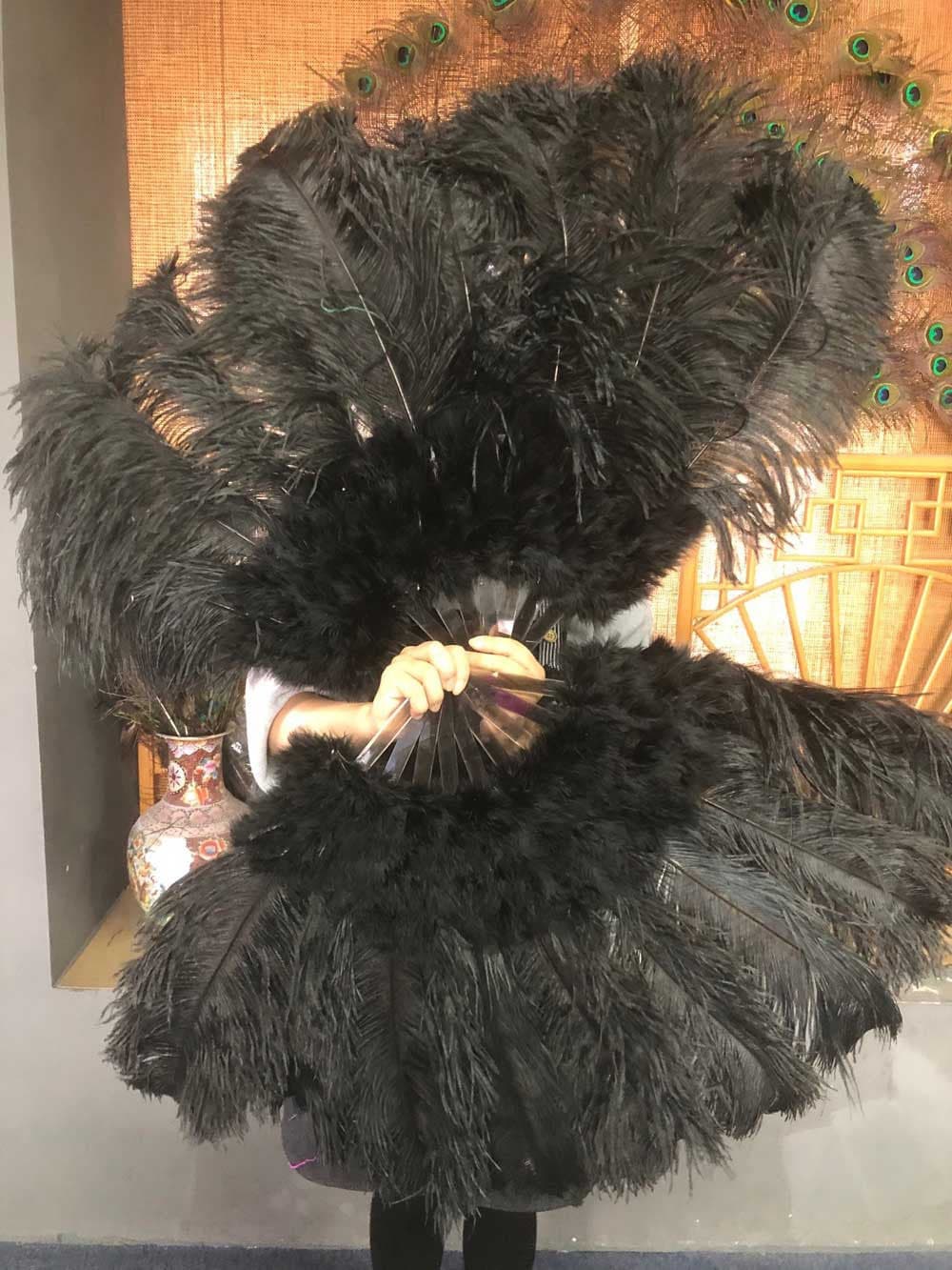 black Marabou Ostrich Feather fan 24"x 43" with Travel leather Bag.