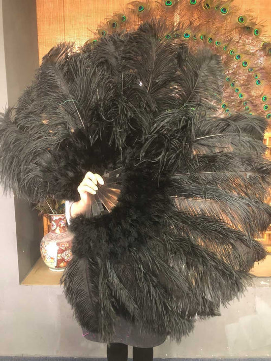 black Marabou Ostrich Feather fan 24"x 43" with Travel leather Bag.