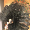 Abanico de plumas de avestruz marabú negro 24 "x 43" con bolsa de viaje de cuero.