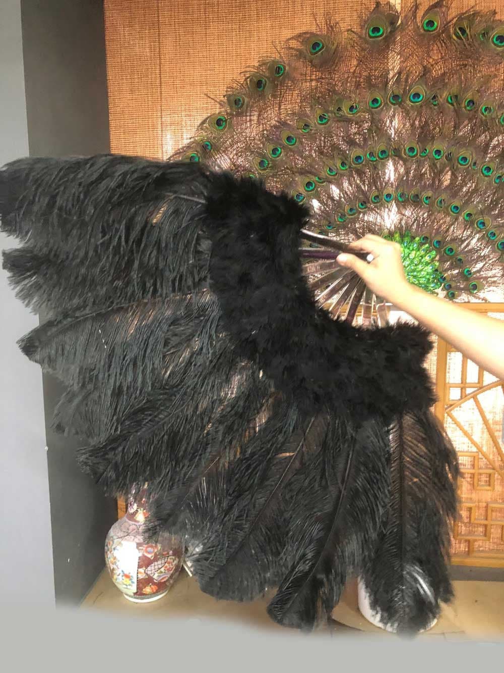 black Marabou Ostrich Feather fan 24"x 43" with Travel leather Bag.