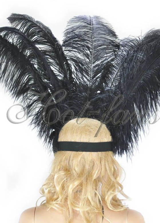 Schwarzer Showgirl-Kopfschmuck aus Straußenfedern mit offenem Gesicht.