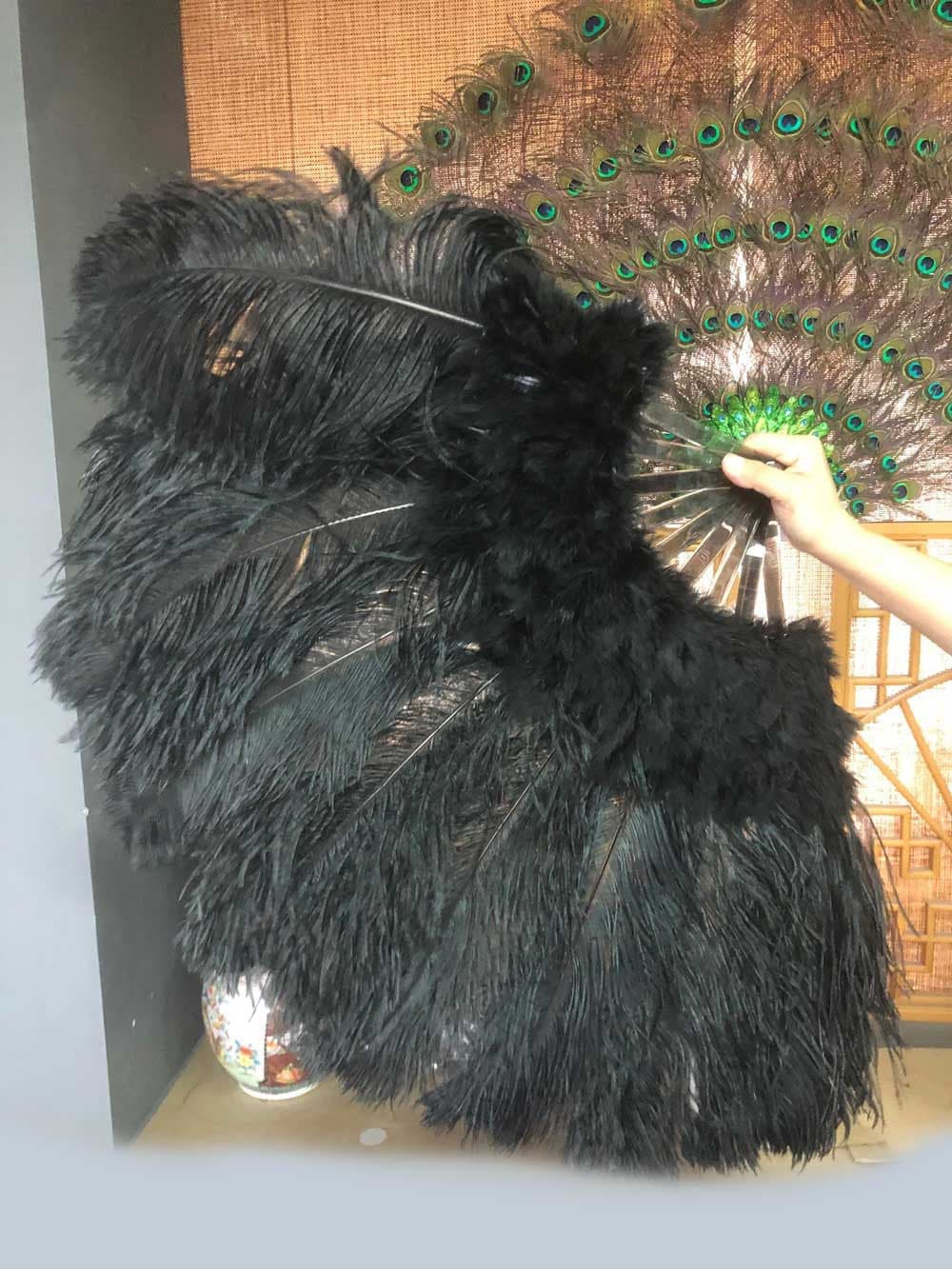 black Marabou Ostrich Feather fan 24"x 43" with Travel leather Bag.