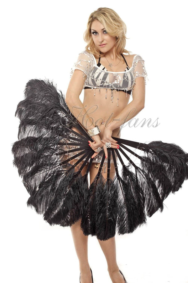 A pair black Single layer Ostrich Feather fan 24"x 41" with leather travel Bag.