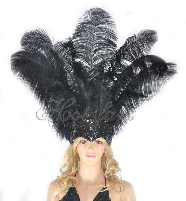 黒のショーガール オープン フェイス ダチョウの羽の頭飾り。