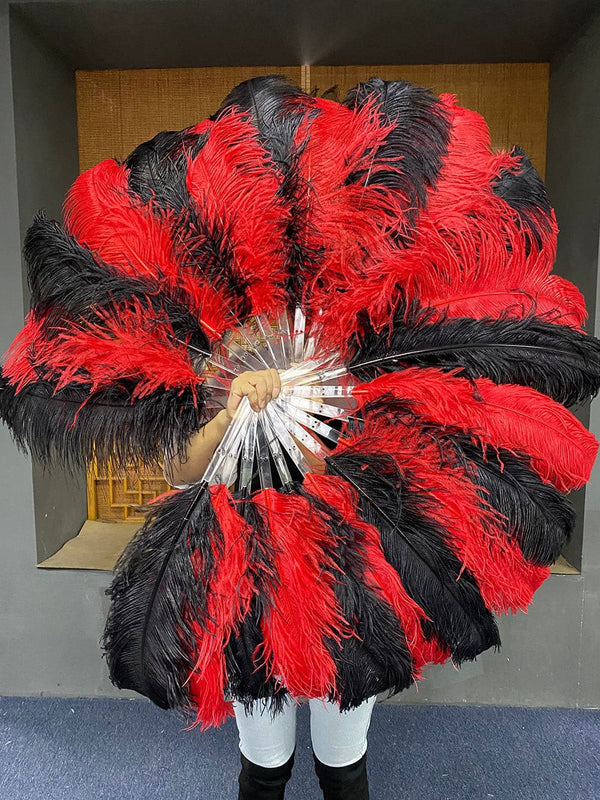 Abanico de plumas de avestruz de una sola capa rojo y negro con bolsa de viaje de cuero de 25 "x 45".