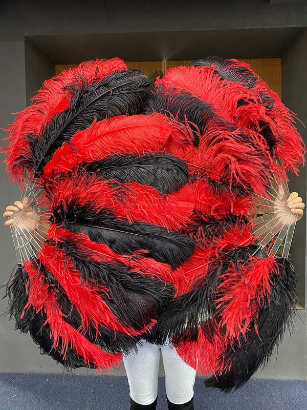 mix Red & black single layer Ostrich Feather Fan with leather travel Bag 25