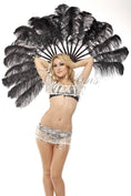 Load image into Gallery viewer, A pair black Single layer Ostrich Feather fan 24"x 41" with leather travel Bag.
