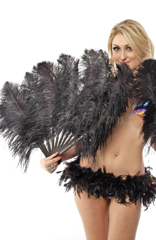 Black single layer Ostrich Feather Fan with leather travel Bag 25