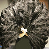 Black 3 Layers Ostrich Feather Fan Opened 65" with Travel leather Bag.