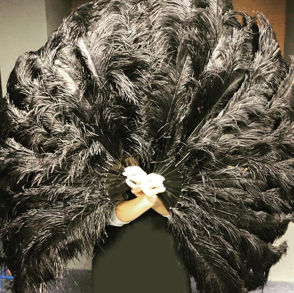 Black 3 Layers Ostrich Feather Fan Opened 65