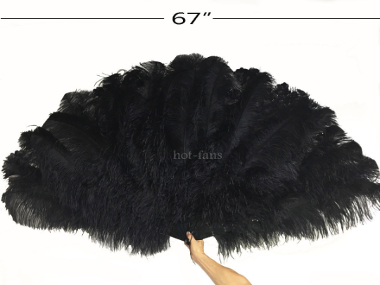 Burlesque 4 Layers black Ostrich Feather Fan Opened 67'' with Travel leather Bag.