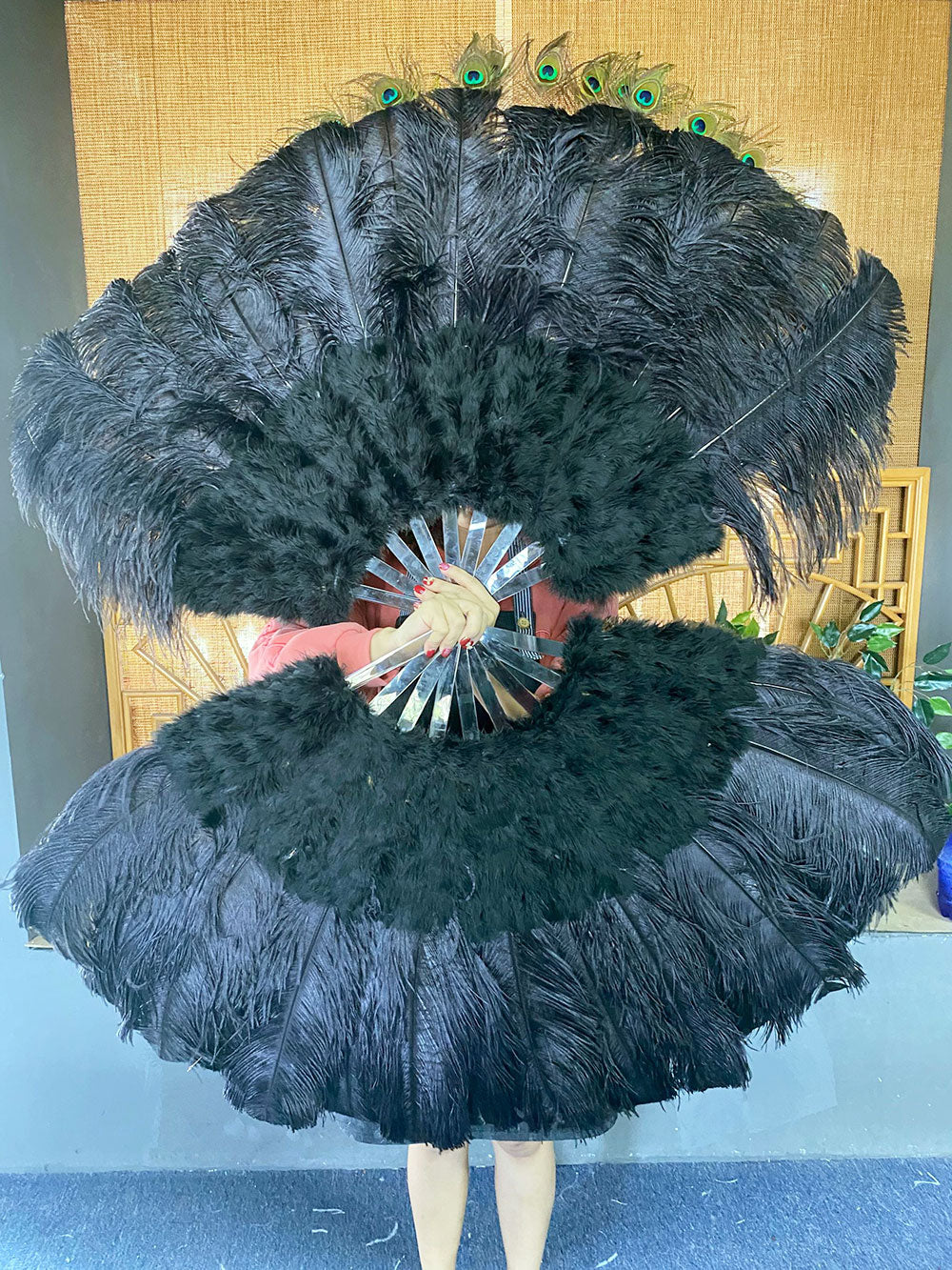 Black Ostrich & Marabou Feathers fan 27"x 53" with Travel leather Bag.