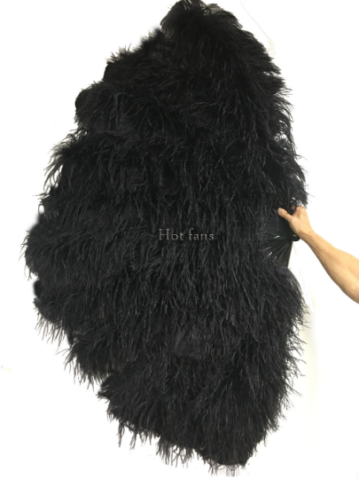 Abanico de pluma de avestruz negro burlesque de 4 capas abierto 67 '' con bolsa de viaje de cuero.