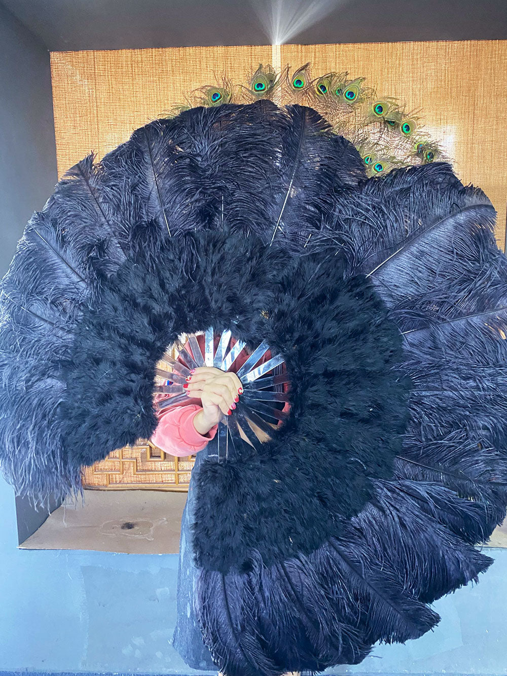 Black Ostrich & Marabou Feathers fan 27"x 53" with Travel leather Bag.