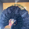Abanico de plumas de avestruz y marabú negro de 27&quot;x 53&quot; con bolsa de viaje de cuero.