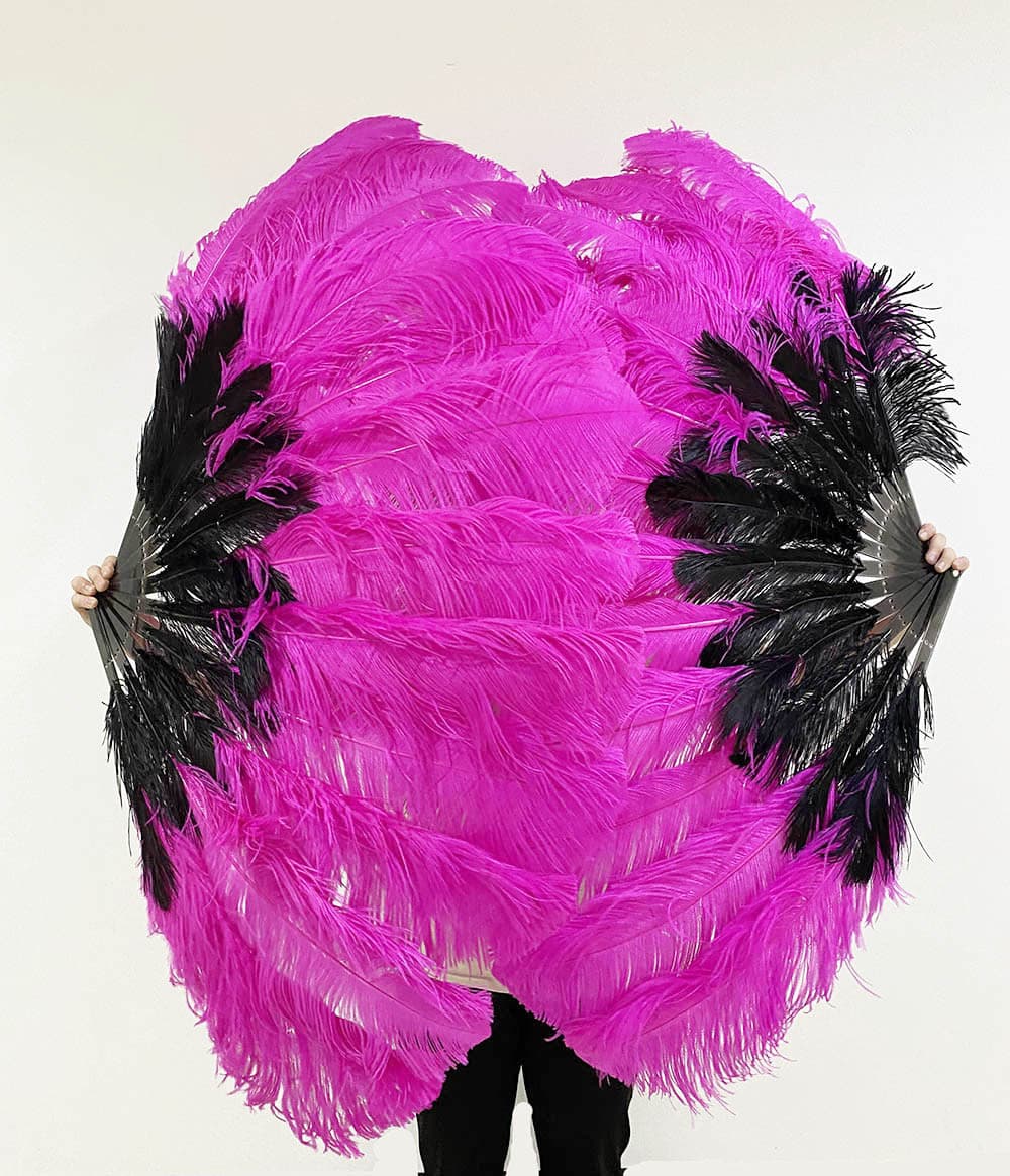 Mix black & hot pink 2 Layers Ostrich Feather Fan 30''x 54'' with Travel leather Bag.