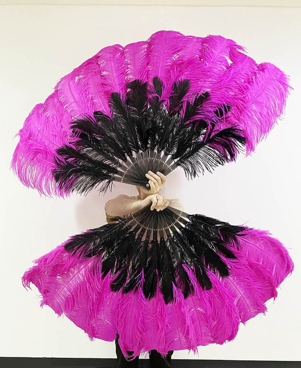 Abanico de plumas de avestruz de 2 capas negro y rosa fuerte de 30''x 54'' con bolsa de viaje de cuero.