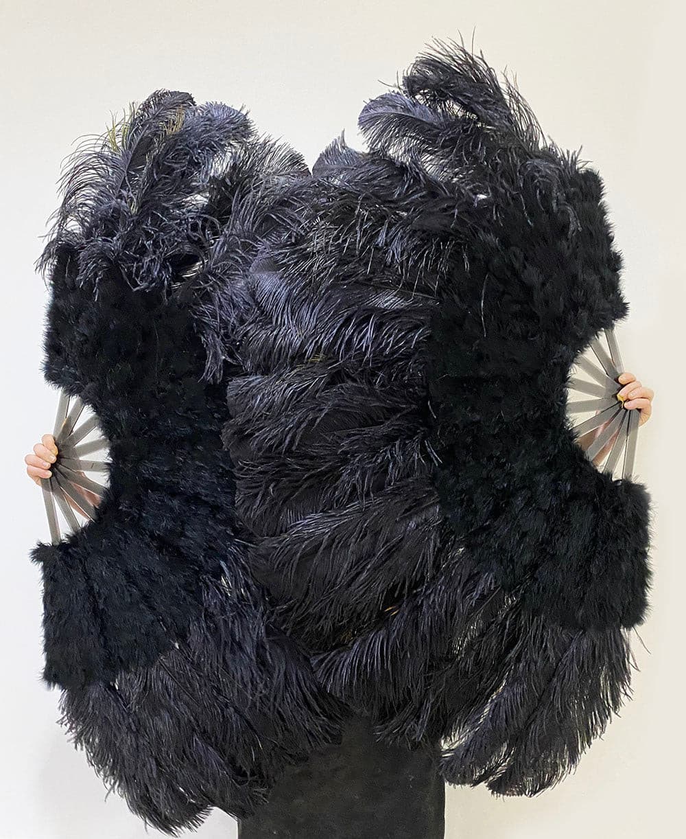 Black Peacock Marabou Ostrich Feathers Fan 27"x 53" With Travel leather Bag.