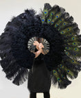 Load image into Gallery viewer, Black Peacock Marabou Ostrich Feathers Fan 27"x 53" With Travel leather Bag.
