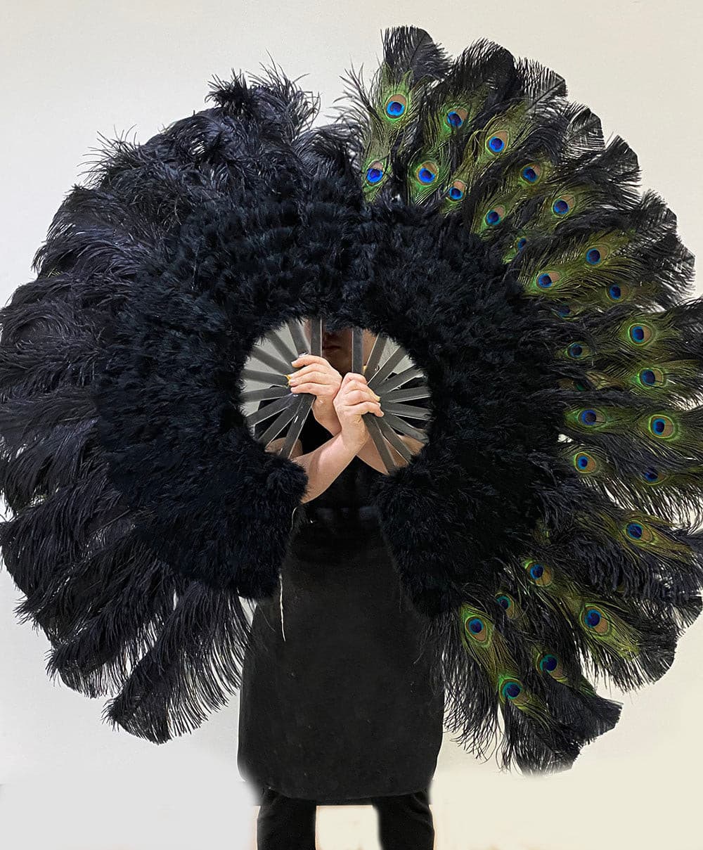 Black Peacock Marabou Ostrich Feathers Fan 27"x 53" With Travel leather Bag.