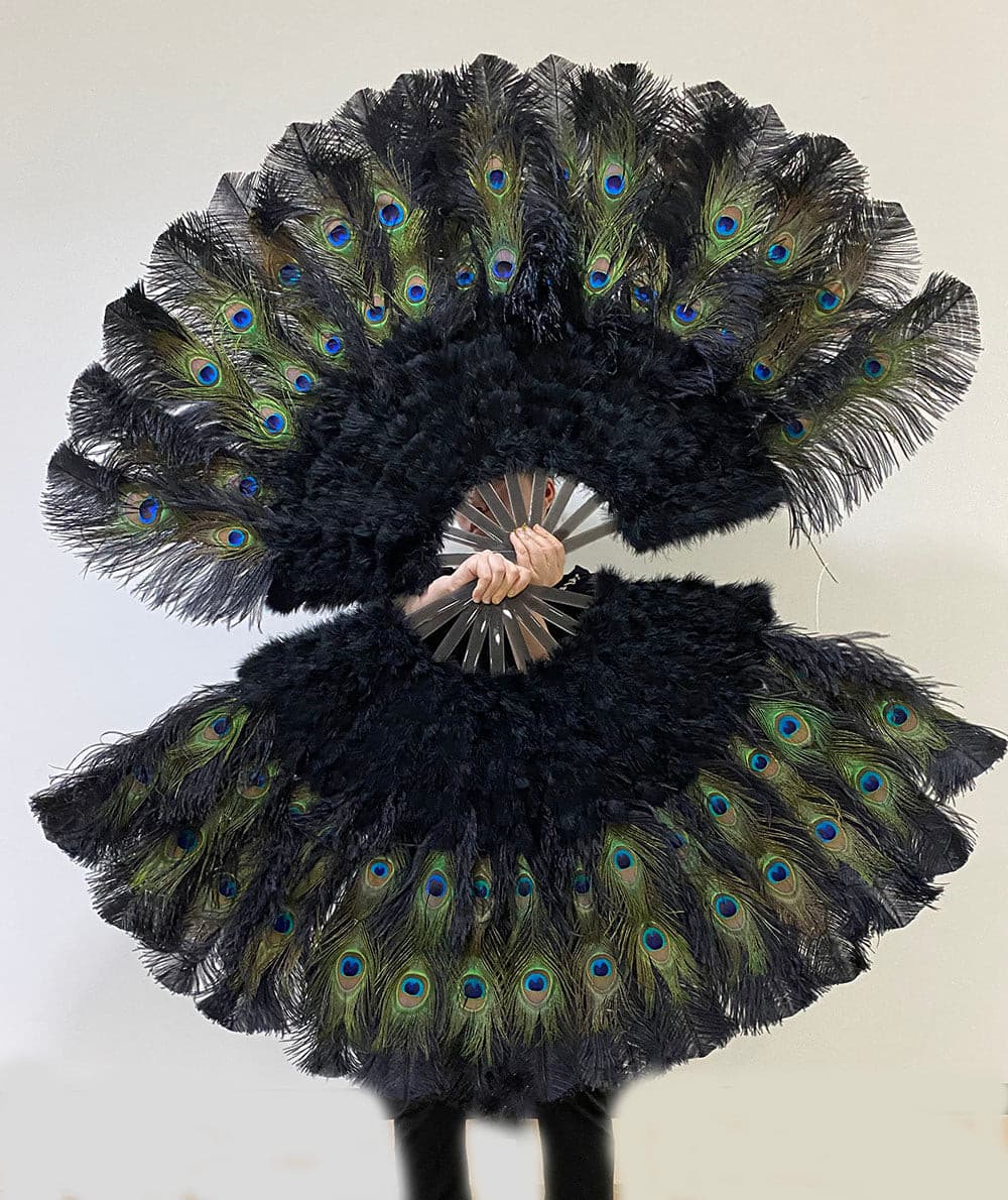 Black Peacock Marabou Ostrich Feathers Fan 27"x 53" With Travel leather Bag.