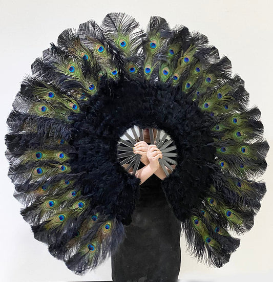 Black Peacock Marabou Ostrich Feathers Fan 27"x 53" With Travel leather Bag.