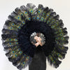Abanico de plumas de avestruz de marabú y pavo real negro de 27 &quot;x 53&quot; con bolsa de cuero de viaje.