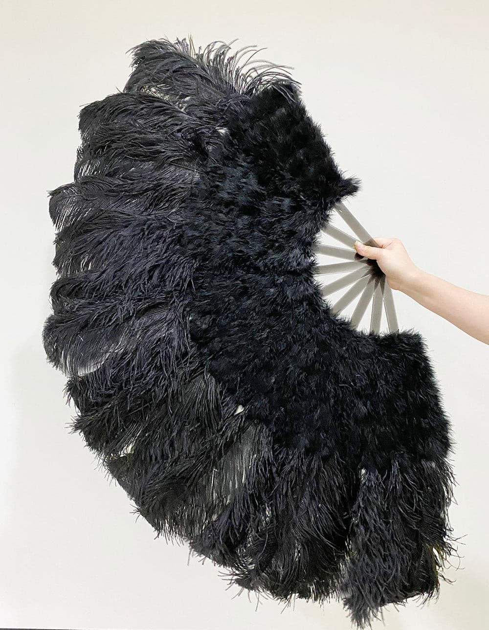 Black Peacock Marabou Ostrich Feathers Fan 27"x 53" With Travel leather Bag.